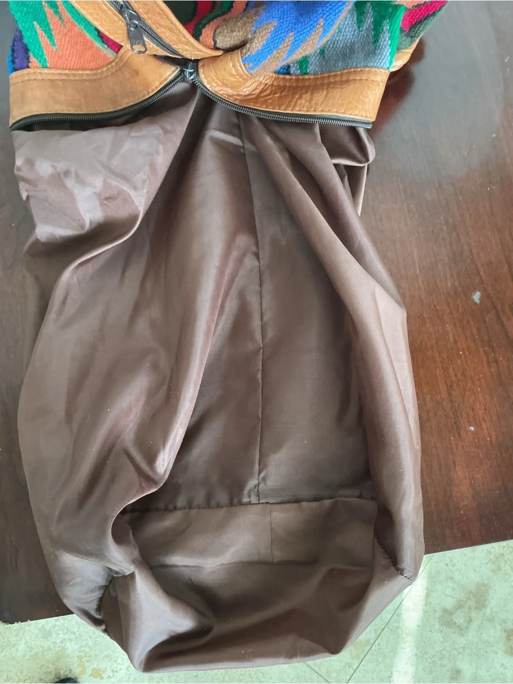 Kilim Style Southwestern Woven Backpack Sling Bag with Tan Leather Trim